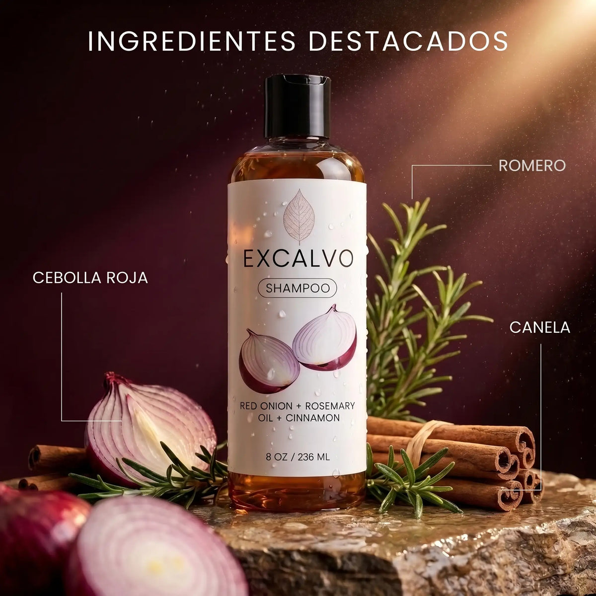 EXCALVO Shampoo 236 ml – Cebolla Roja, Romero y Canela