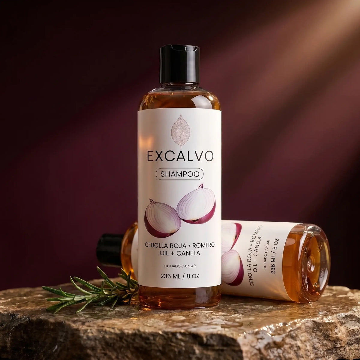 EXCALVO Shampoo 236 ml – Cebolla Roja, Romero y Canela