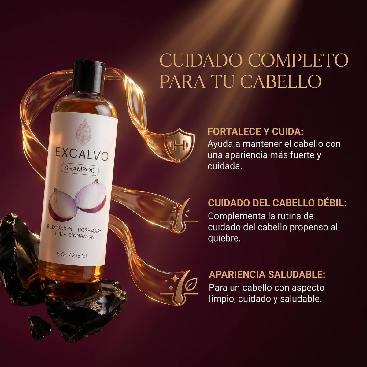 EXCALVO Shampoo 236 ml – Cebolla Roja, Romero y Canela