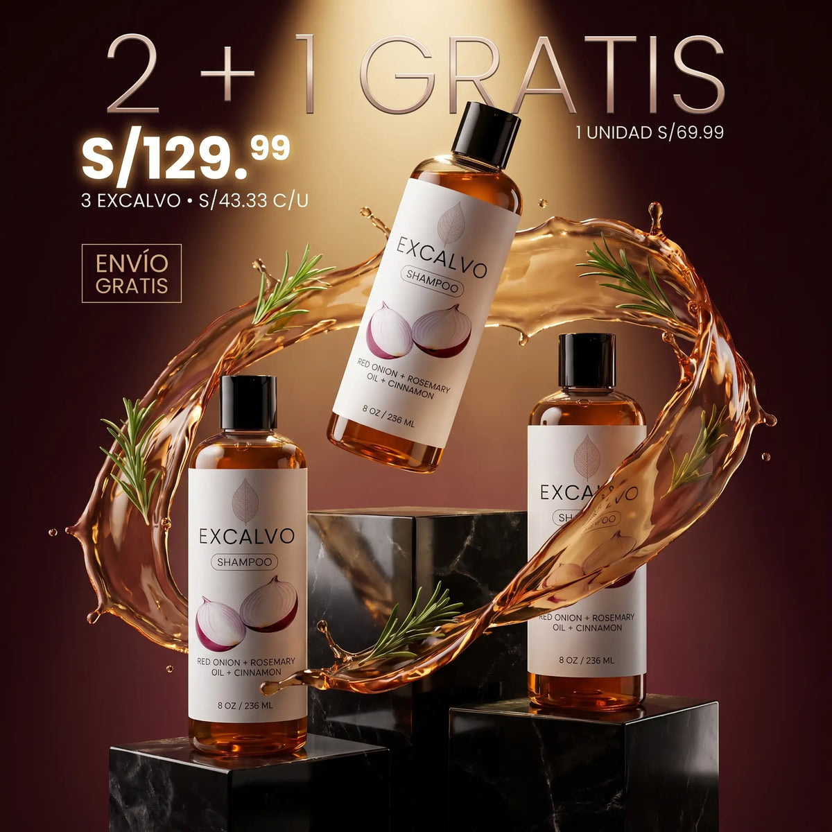 EXCALVO Shampoo 236 ml – Cebolla Roja, Romero y Canela