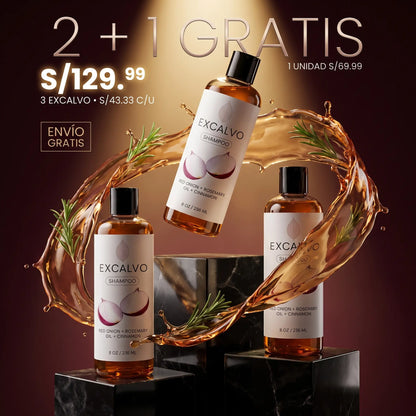EXCALVO Shampoo 236 ml – Cebolla Roja, Romero y Canela